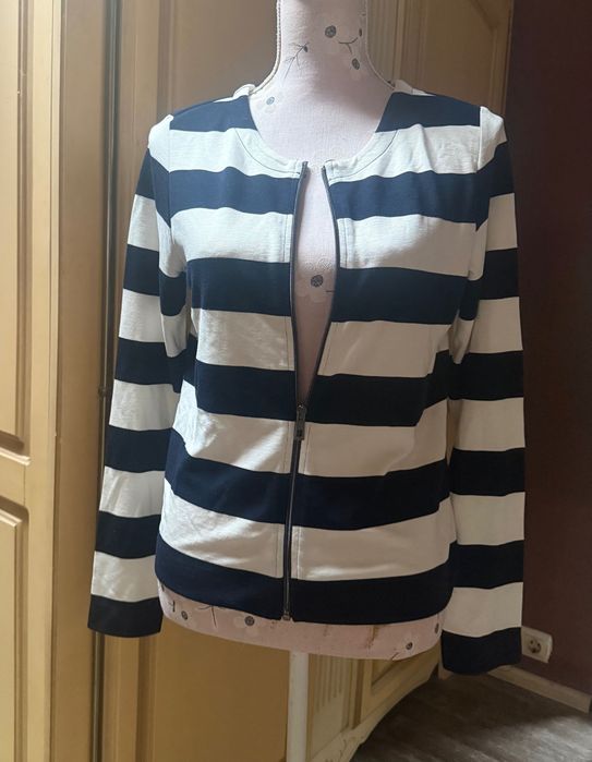 Cardigan cu fermoar, dungi alb-bleumarin