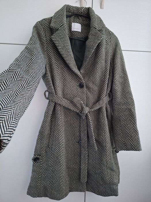 Palton S Mamalicious cu 20% lana, in V, cu cordon alb negru