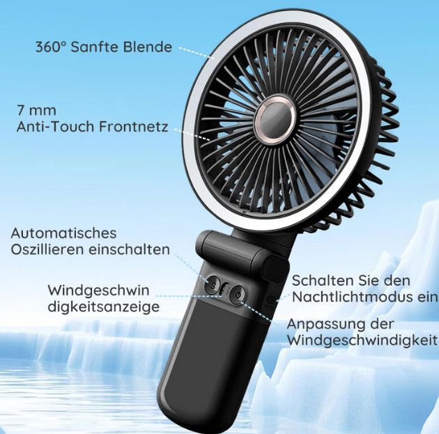 Преносим вентилатор GF12, акумулаторен вентилатор с нощна светлина, б