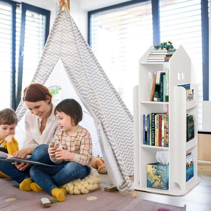 Въртяща се на 360° библиотека за деца, малка въртяща се библиотека с 3 нива, бяла библиотека за деца, спалня, хол, офис