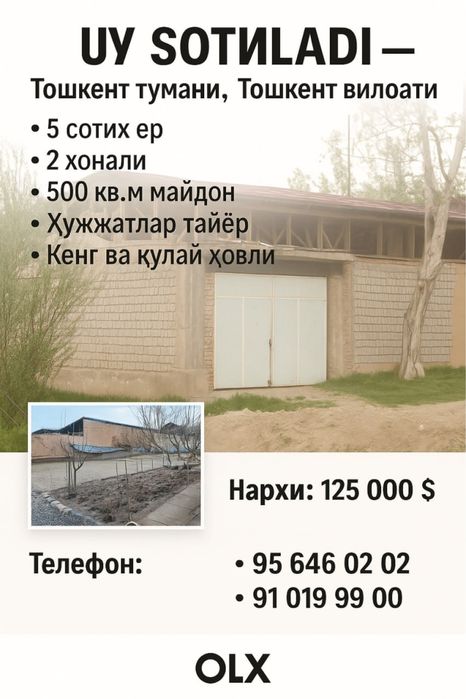 Тошкент туманида 5 сотих ерда 2 хонали уй сотилади