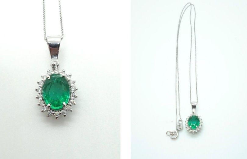 Обици и колие 18к бяло злато изумруд и диаманти