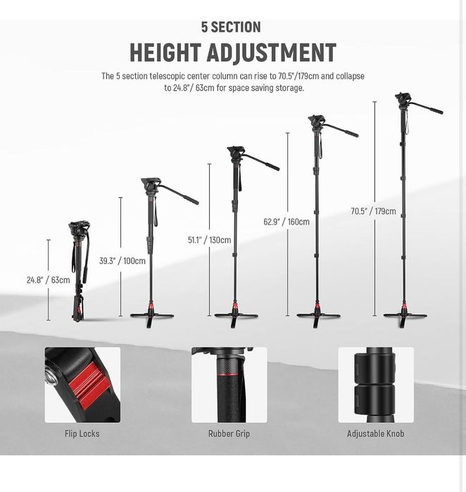 Проф. Монопод. 6КГ. Флуидна глава. Фото. Видео. Камера. Neewer