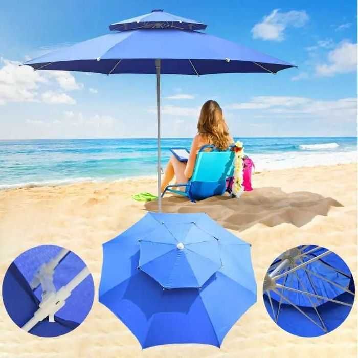 Градински/Плажен чадър с двоен покрив/отвор против вятър-усилен плат