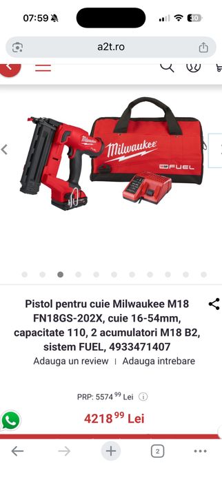 Pistol cuie Milwaukee M18 FN18GS Fuel