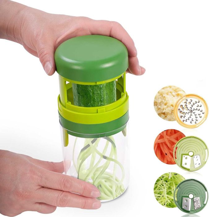 Spiralator manual cu 3 accesorii de taiere interschimbabile recipient