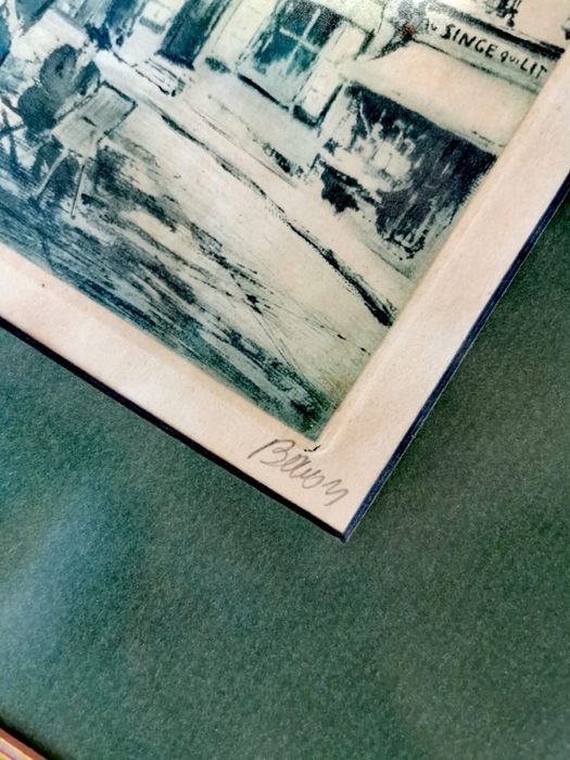 Картина френско изкуство офорт градски пейзаж Париж подпис Марсел Баро