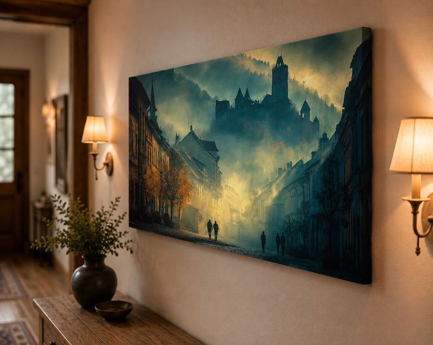 Tablou canvas Ceața dimineții, oraș vechi medieval, atmosferic, 80×45 - 140×78 cm
