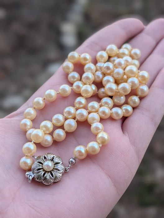 Vechi colier perle naturale cultura,inchizatoare aur 14K 585 JKa,copii