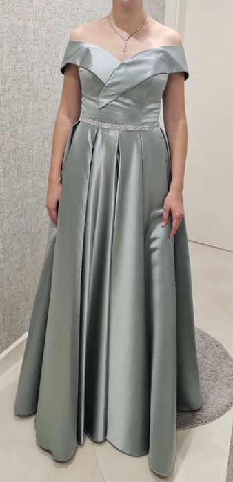 Елегантна бална/официална рокля в цвят нежно синьо-зелен (сатенен бля