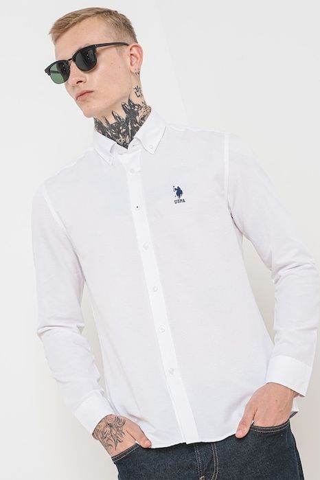 US Polo Assn. Риза от смесен памук с яка с копчета, бяла