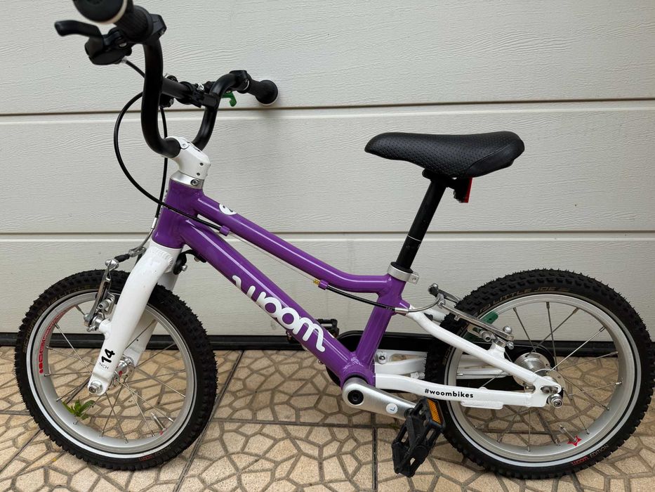Bicicleta copii Woom 2, roti 14" + bara de sustinere pentru invatare