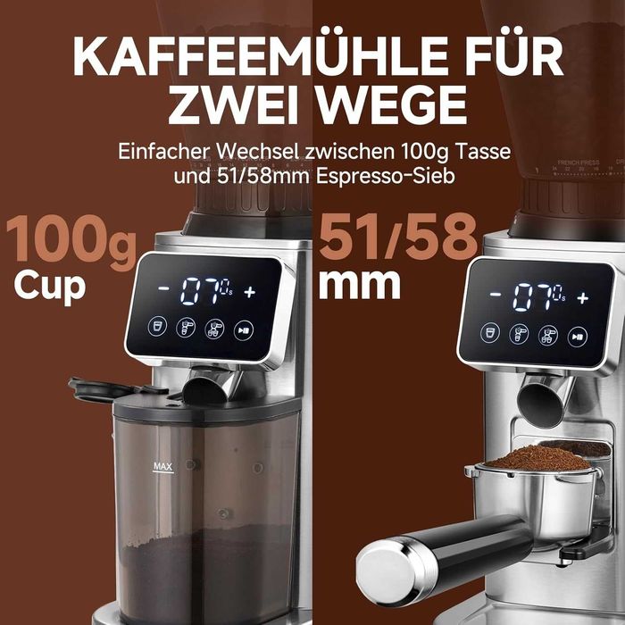 Електрическа кафемелачка AMZCHEF с 48 нива на смилане, антистатична система, сензорен панел, контейнер 300 г, корпус от неръждаема стомана