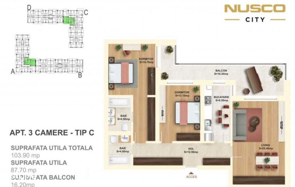 Apartament 3 camere | Nusco City | faza 1 | mobilat lux Rovere |