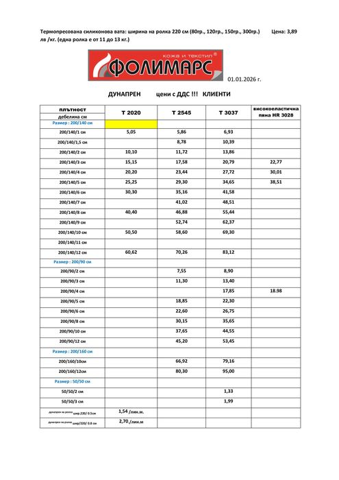 Дунапрен на листи 200/140 см, 200/90 см, 200/160 см