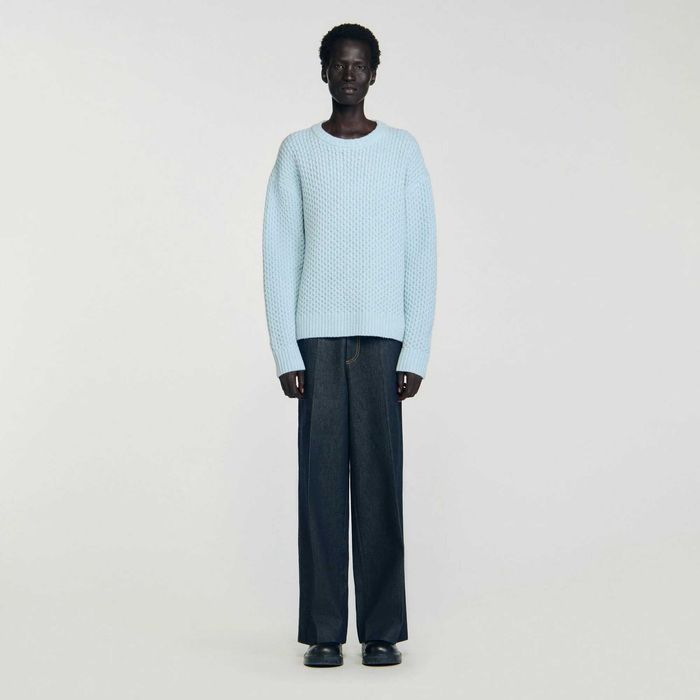 Sandro, Pulover din lână cu cusături fagure, Albastru, M