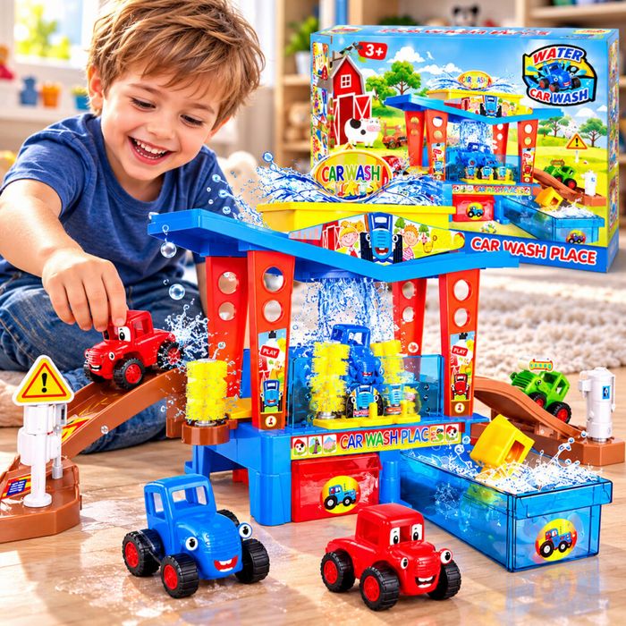 Детска автомивка Car Wash Place с 2 колички, рампи, водни ефекти и акс