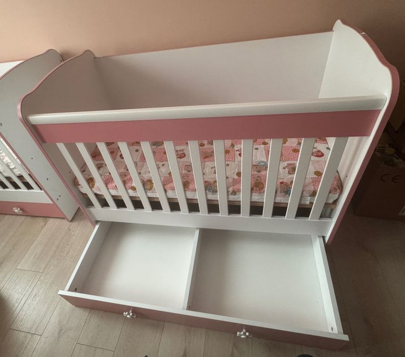 2 броя Бебешка кошара Dizain Baby Светла 60/120 стационарна решетка Бял/Розов