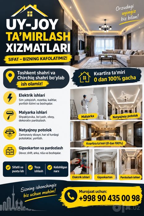 Uy remont qilish ishlari qilamiz 0 dan 100 gacha