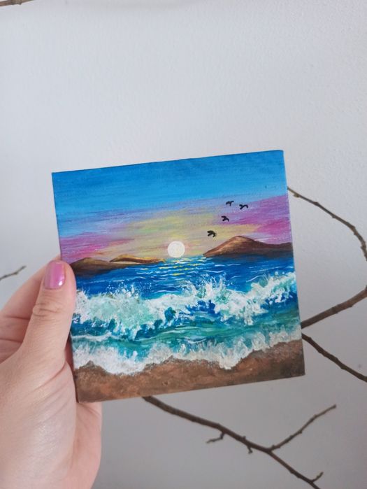 Apus peste valuri – mini tablou acrilic original