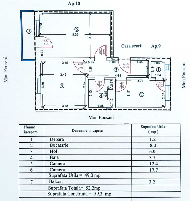 APARTAMENT 2 CAMERE, decomandat, 52.2 mp, etaj 3/4, Piața Moldovei - ultracentral, Focșani | Proprietar