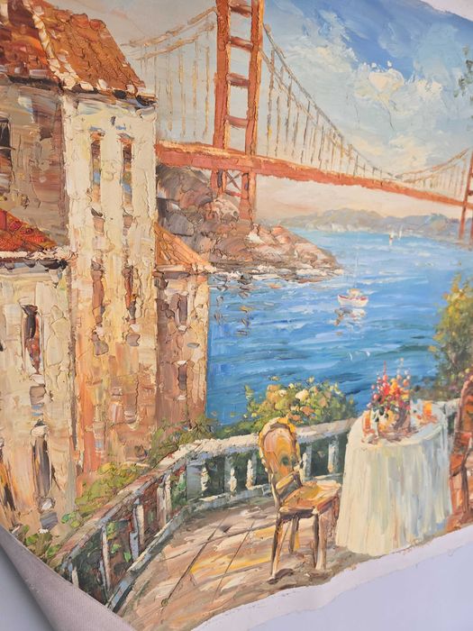 Картина масло, холст, Весна у моря, мост