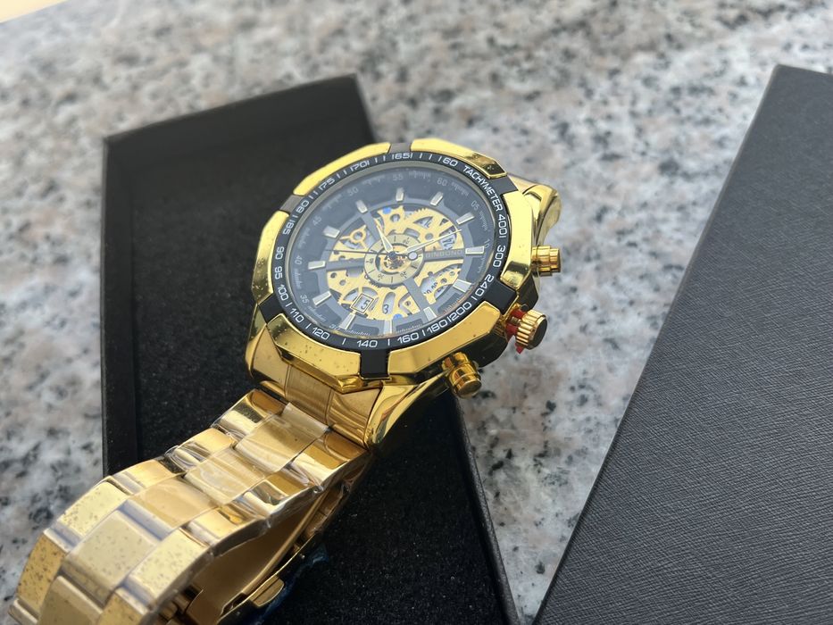 Ceas Skeleton Tachymeter NOU Gold Sapphire Barbat