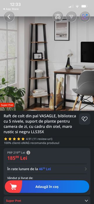 Raft de colt din pal VASAGLE, biblioteca cu 5 nivele, suport de plante pentru camera de zi, cu cadru din otel, maro rustic si negru LLS35X
