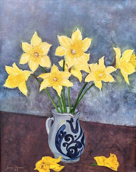 Tablou vechi - narcise in cana - semnat si datat Josy Kenens `67