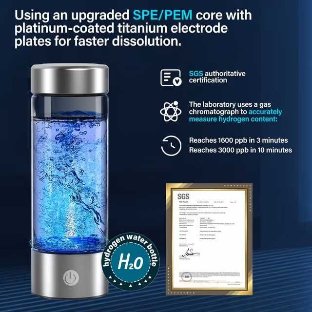 Sticlă generator apă cu hidrogen SPE & PEM tehnologie producere rapidă 3 minute – 420ml