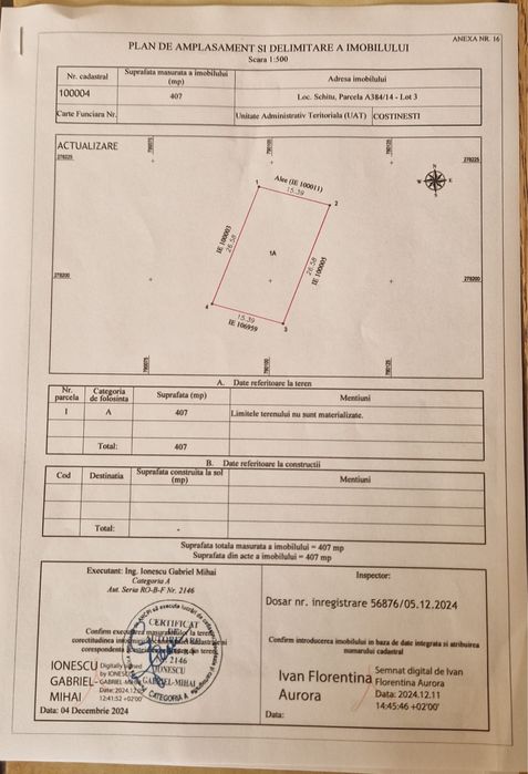 Vand 3 loturi de teren intravilan 407mp Costinesti, Schitu