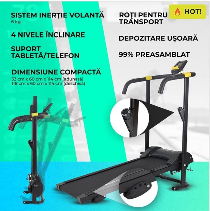 Bandă de alergat mecanică Techfit ,pliabila cu afisaj LCD– stare foarte bună