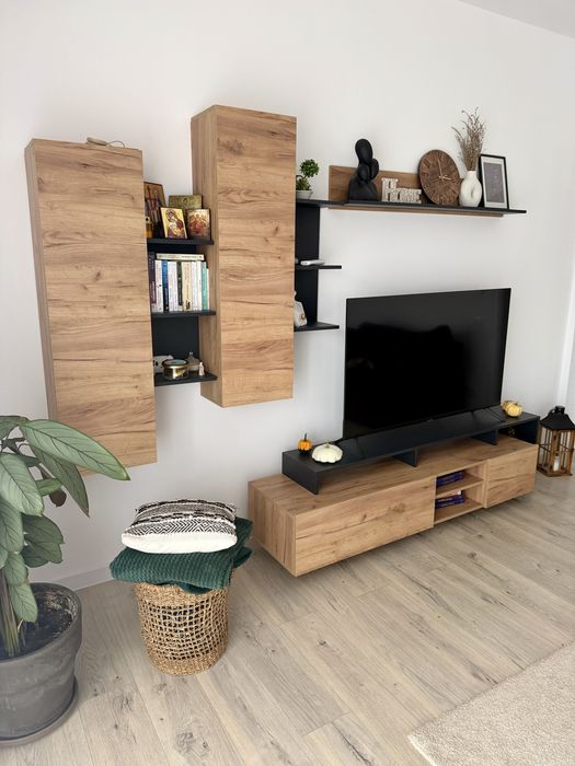 Mobila living, aspect lemn natural si antracit
