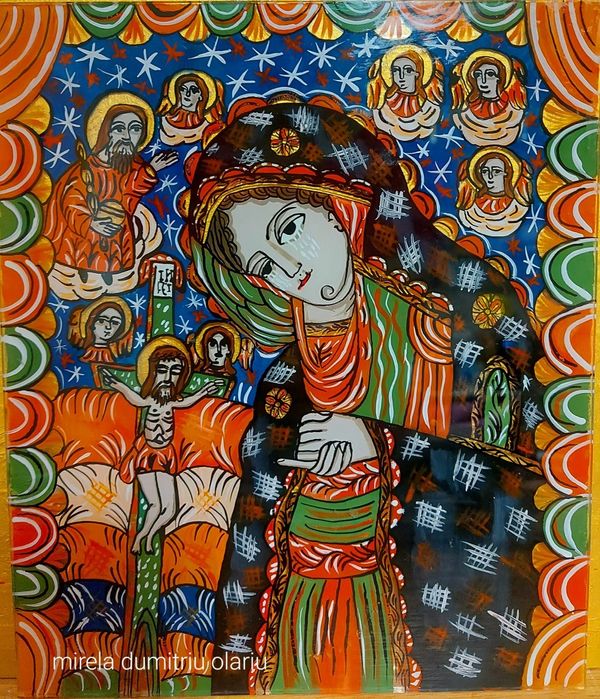 Icoană pictată pe sticlă " Maica Domnului Indurerată "