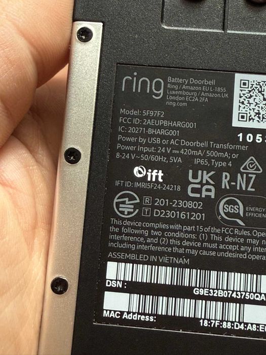 Ring Безжичен видео звънец камера (5F97F2 - модел от 2024 ) Battery