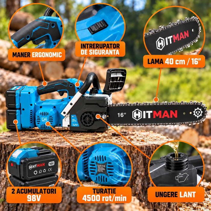 Fierastrau cu lant pe acumulator 98V, 2 baterii, lama 40 cm