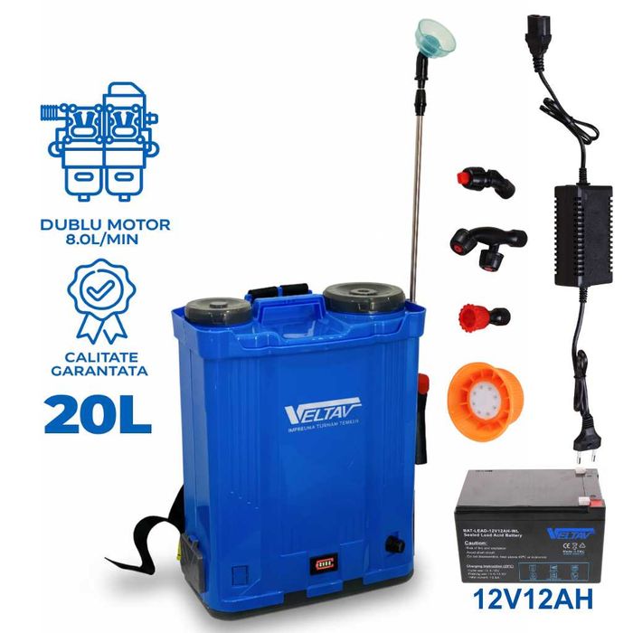 Pompa de stropit 20L cu dublu motor, debit 8l/min, 10 bar, 12V/12Ah