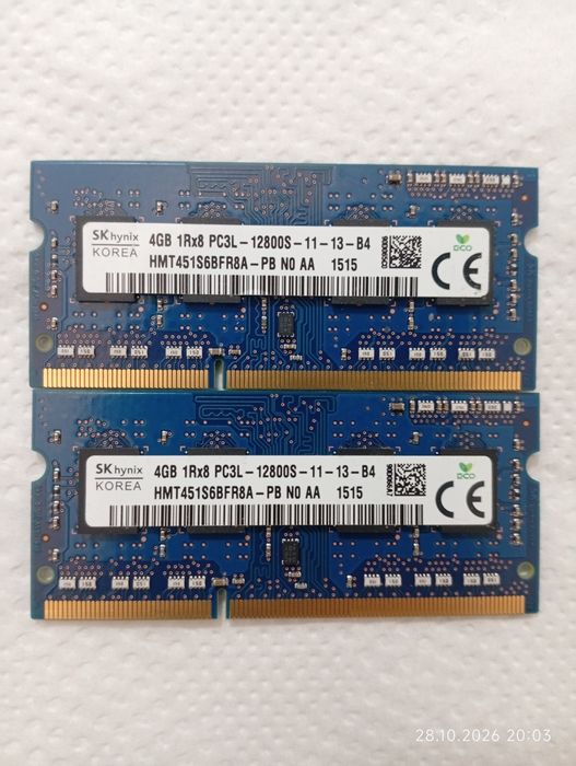 Kit Memorii Laptop SODIMM Hynix 8Gb (2x4Gb) DDR3 PC3L-12800S, - 1600 MHz,