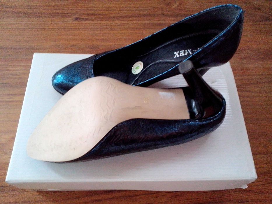 pantofi 37,piele naturala,marca Ann Mex,toc inalt,bleumarin metalizat