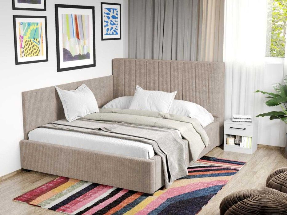 Pat Tapitat de colt Adam Bej Poso 02 cu somiera rabatabila si lada