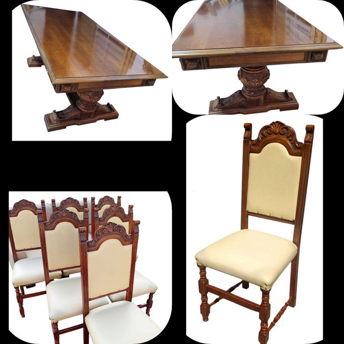 MASA + 6 SCAUNE din Lemn Masiv Nuc Sculptat Manual