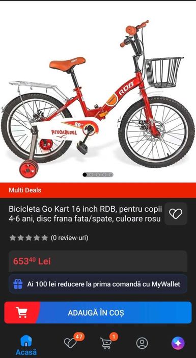 Bicicleta Go Kart 16 inch RDB, pentru copii 4-6 ani, disc frana fata/spate, culoare rosu