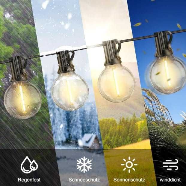 LED външен гирлянд JEYMORKEY, външни градински светлини, G40 LED крушки, IP44 водоустойчив гирлянд за открито