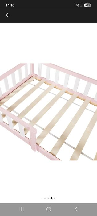 Pat cu saltea 90x200, căsuță, din lemn de brad, Montessori, roz