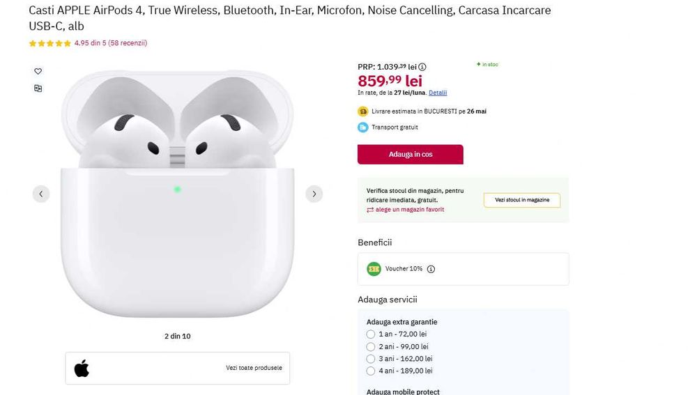 Casti apple AirPods 4, AirPods4, Bluetooth, In-Ear, Iphone