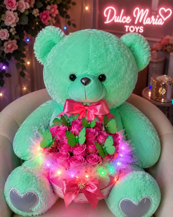 Urs verde mint + cutie trandafiri de săpun cu LED – Cadou premium