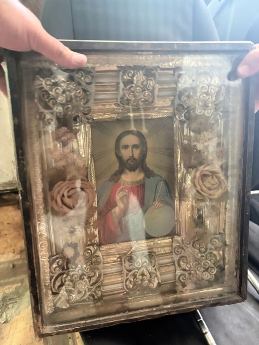 Icoană veche cu Iisus Hristos, ramă originală din lemn – 40 × 50 cm