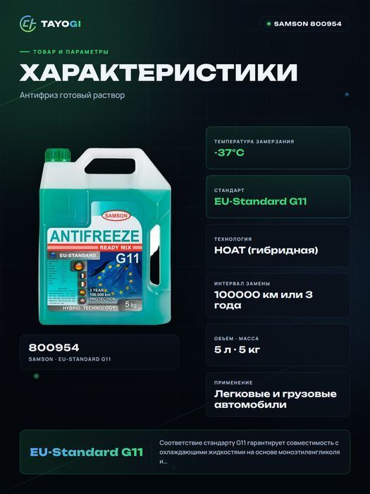 Антифриз готовый раствор SAMSON G11 Ready Mix, 5 л