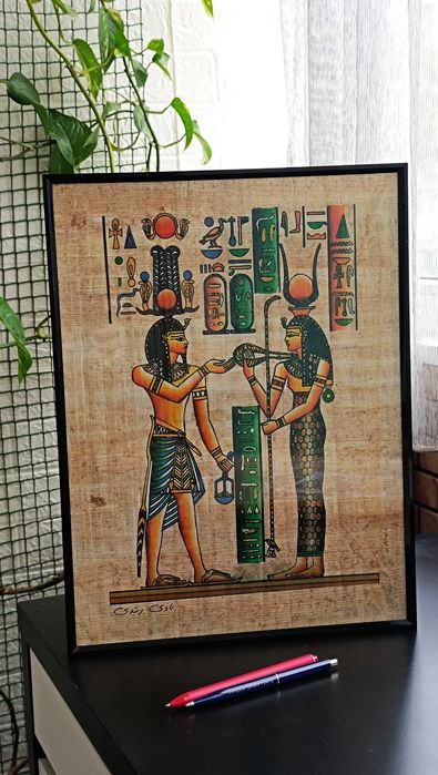 Papirus egiptean autentic — Hathor și Isis, Zeițele Divine - papirus înrămat