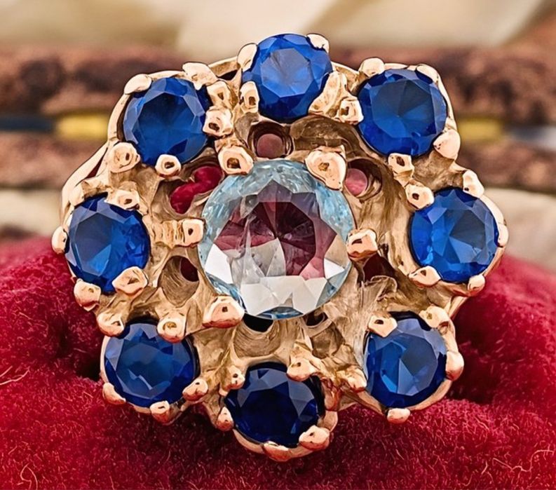 Inel aur roz 9k Aquamarine si Safire